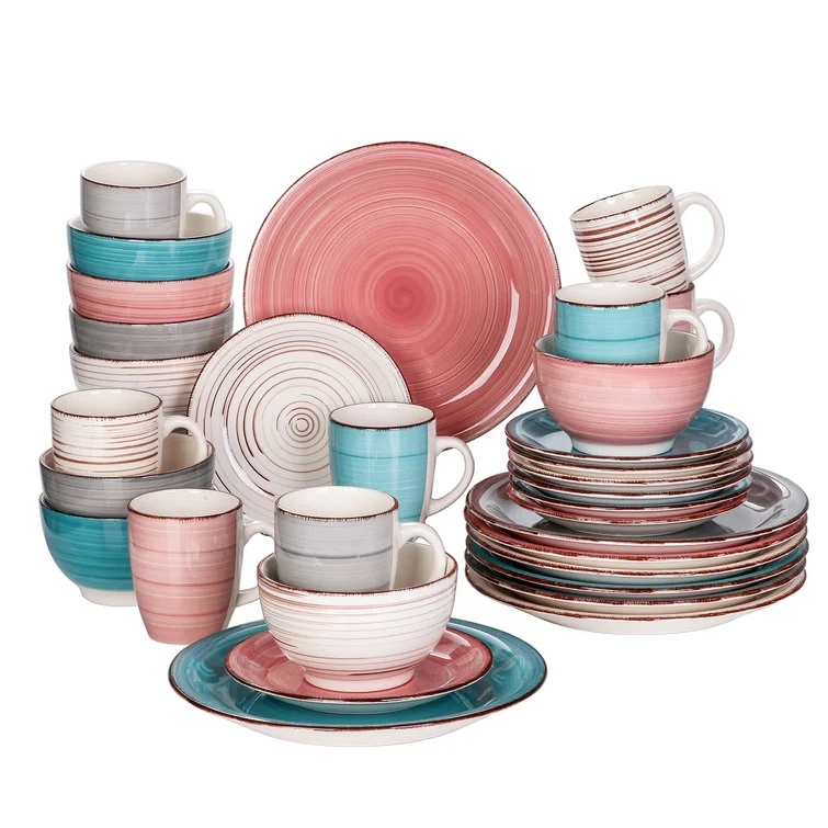 Hand painted stoneware tableware, with plates, bowls and cups freely matched