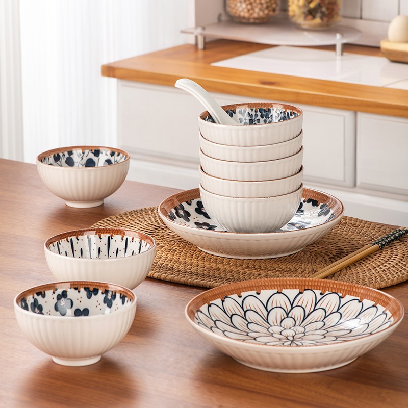 Wholesale Round Salad Bowl Ceramic Printing Dinnerware Porcelain Bowl Set