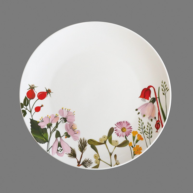 Custom White Glazed Decal Porcelain Dinnerware Round 16 PCS Ceramic Dinner Dish Set On-Glazed Decal 