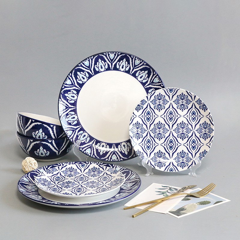 Wholesale high-quality 12 pieces ceramic tableware OEM ODM blue decal design ceramic dinnerware set 