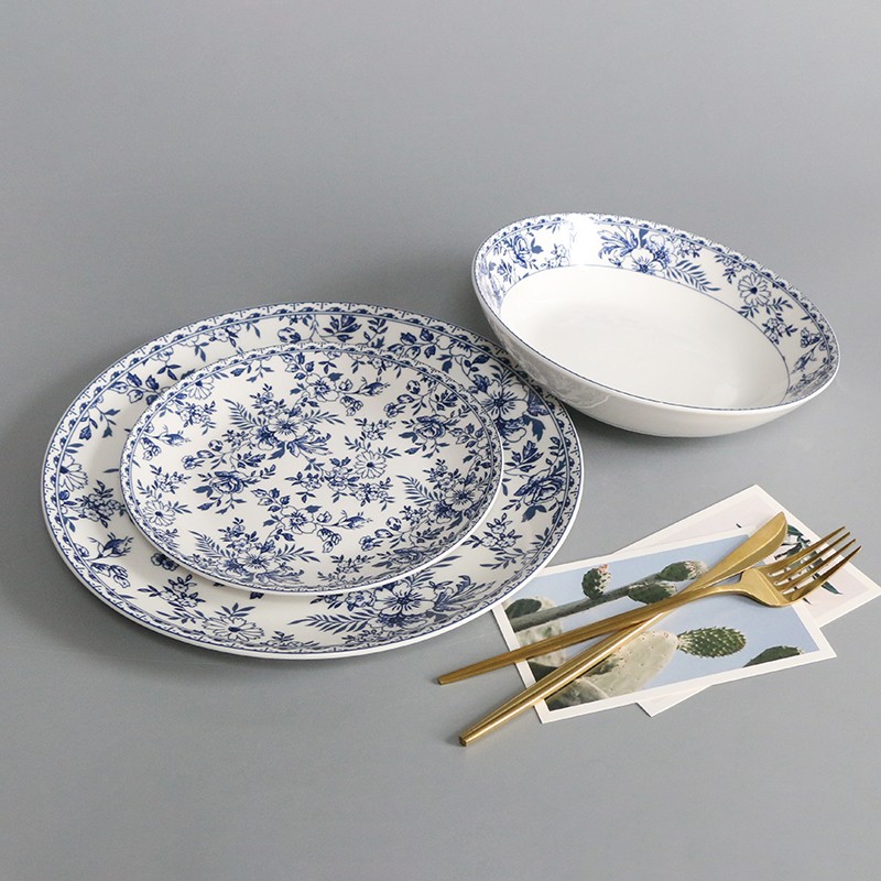 Customized ceramic dining plate set pad printing underglaze blue pattern color process porcelain din