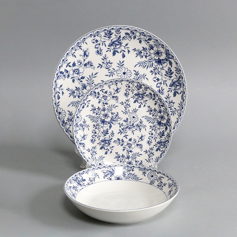 Customized ceramic dining plate set pad printing underglaze blue pattern color process porcelain din