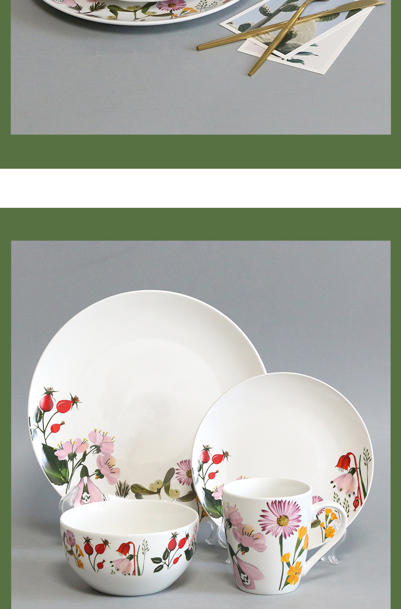 Custom White Glazed Decal Porcelain Dinnerware Round 16 PCS Ceramic Dinner Dish Set On-Glazed Decal (图6)