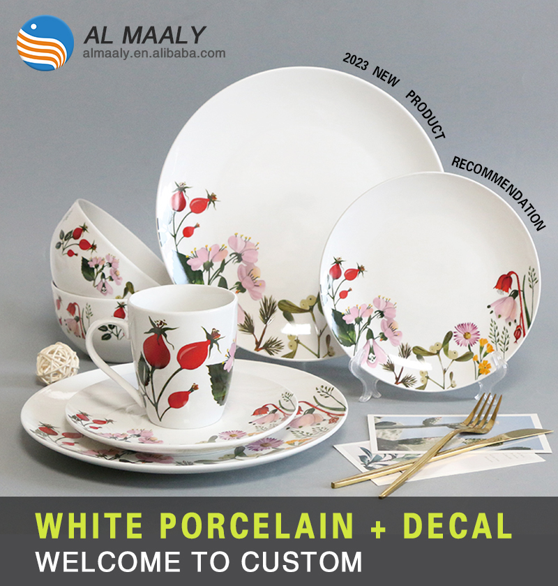 Custom White Glazed Decal Porcelain Dinnerware Round 16 PCS Ceramic Dinner Dish Set On-Glazed Decal (图1)