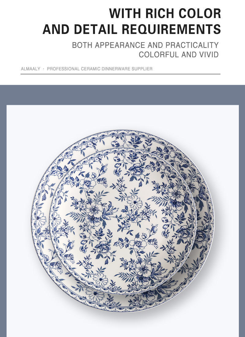 Customized ceramic dining plate set pad printing underglaze blue pattern color process porcelain din(图4)