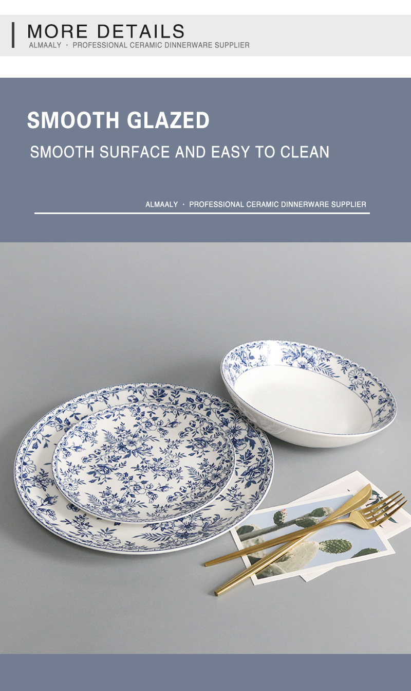Customized ceramic dining plate set pad printing underglaze blue pattern color process porcelain din(图3)