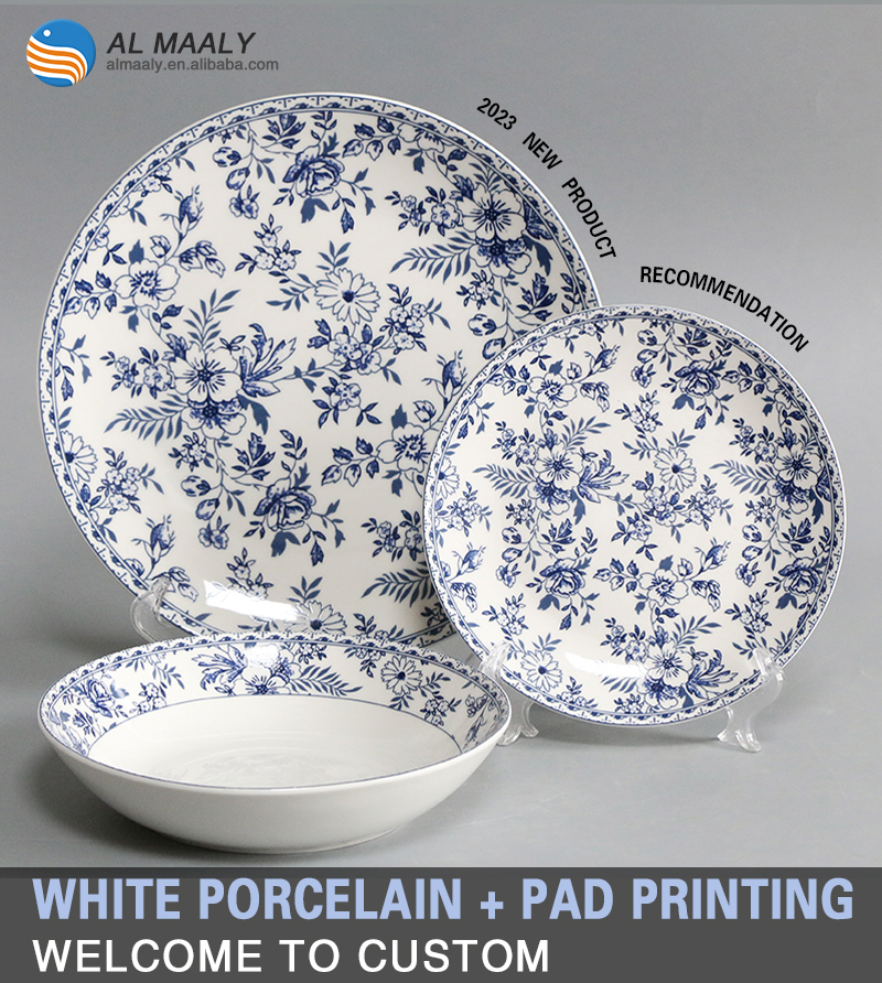Customized ceramic dining plate set pad printing underglaze blue pattern color process porcelain din(图1)
